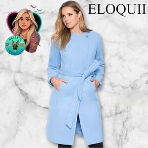 ELOQUII Womens 14/16 Blue Wrap Belted Studio Tie Waist Coat Midi Dress‎ Trench